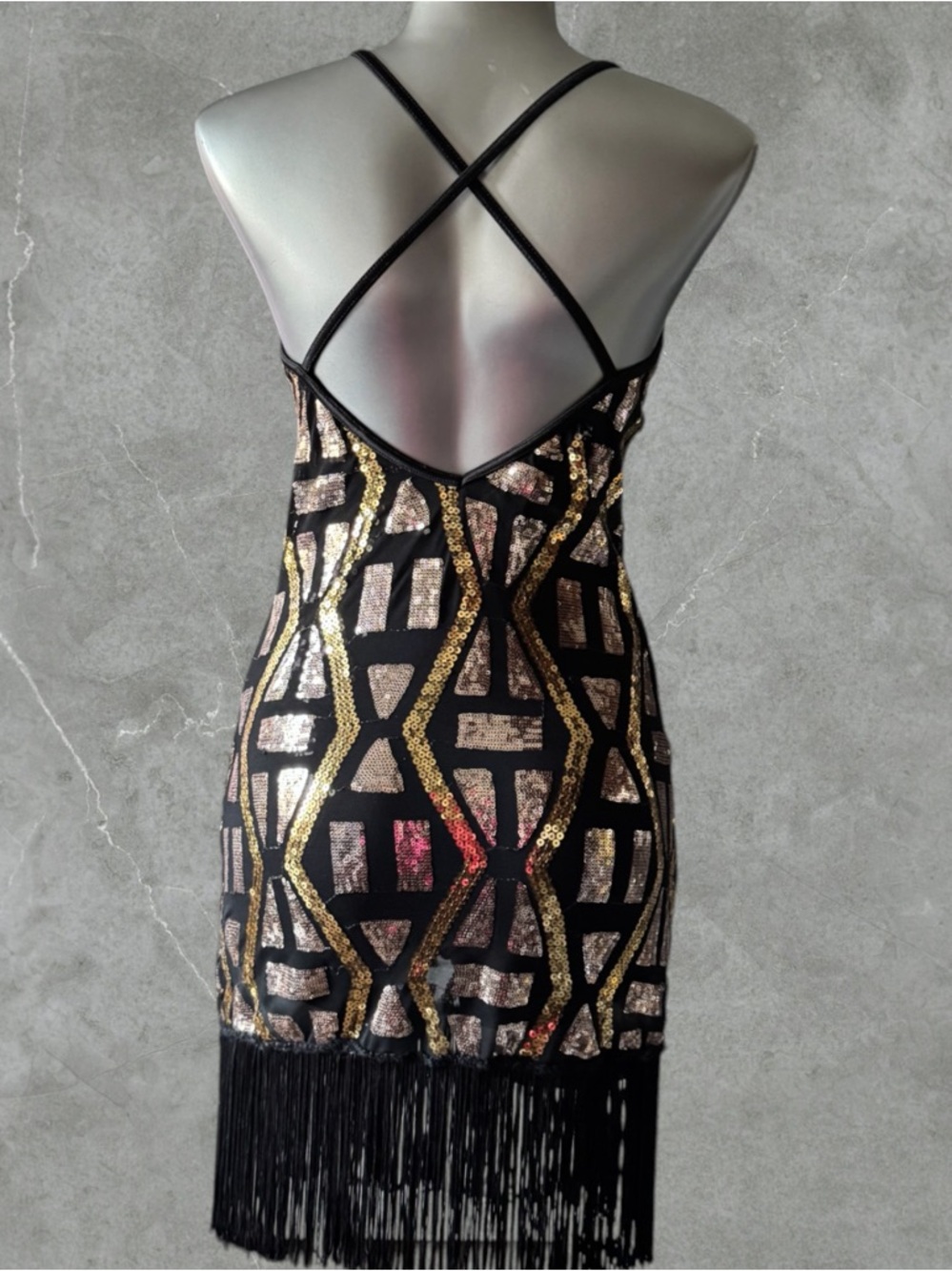 Dance Costume | Black Fringe Flapper Costume with Gold Geometric Sequin Panels - Picture 3 of 16